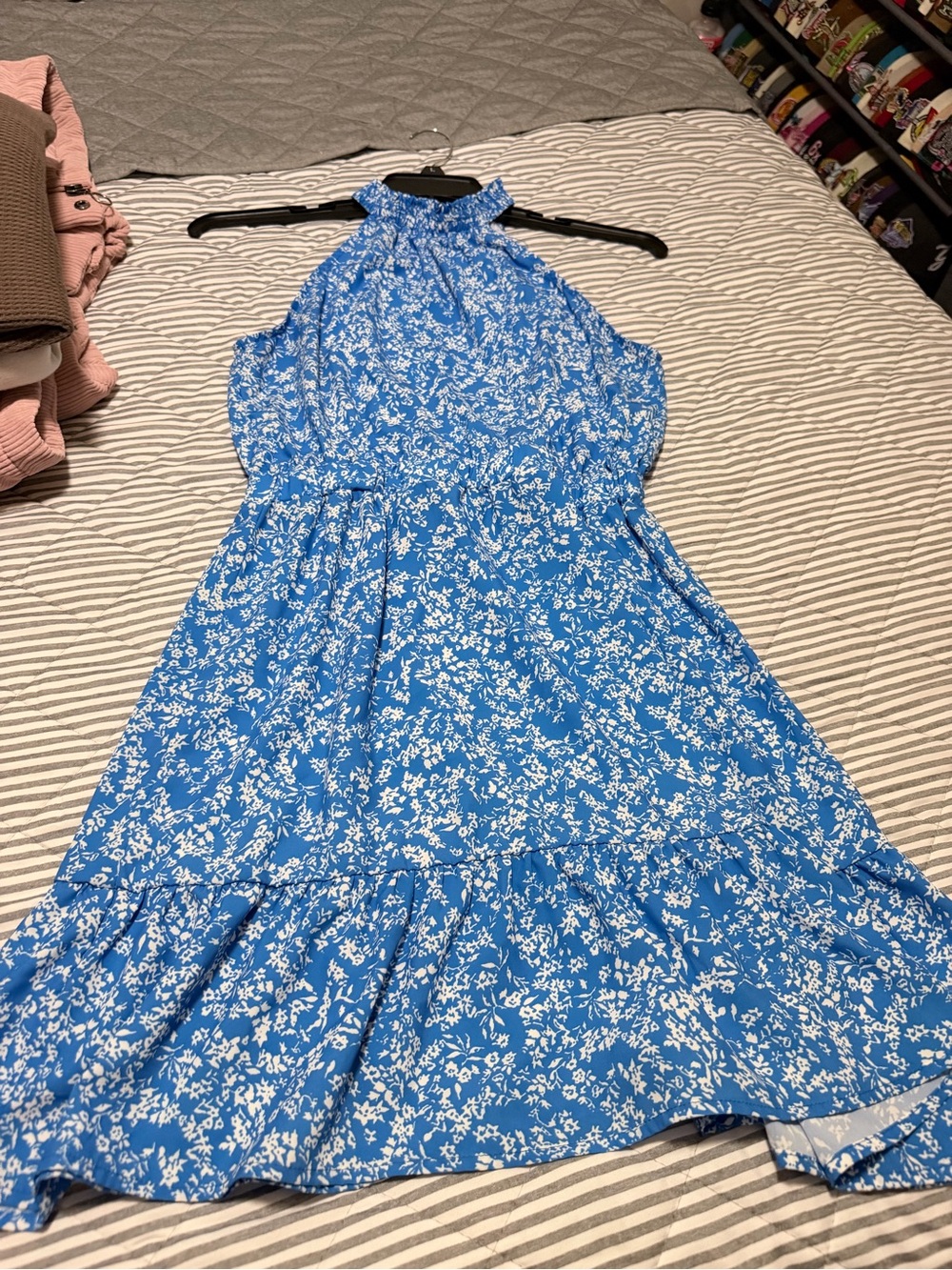Amazon Blue and White Floral High-Low Halter Dress